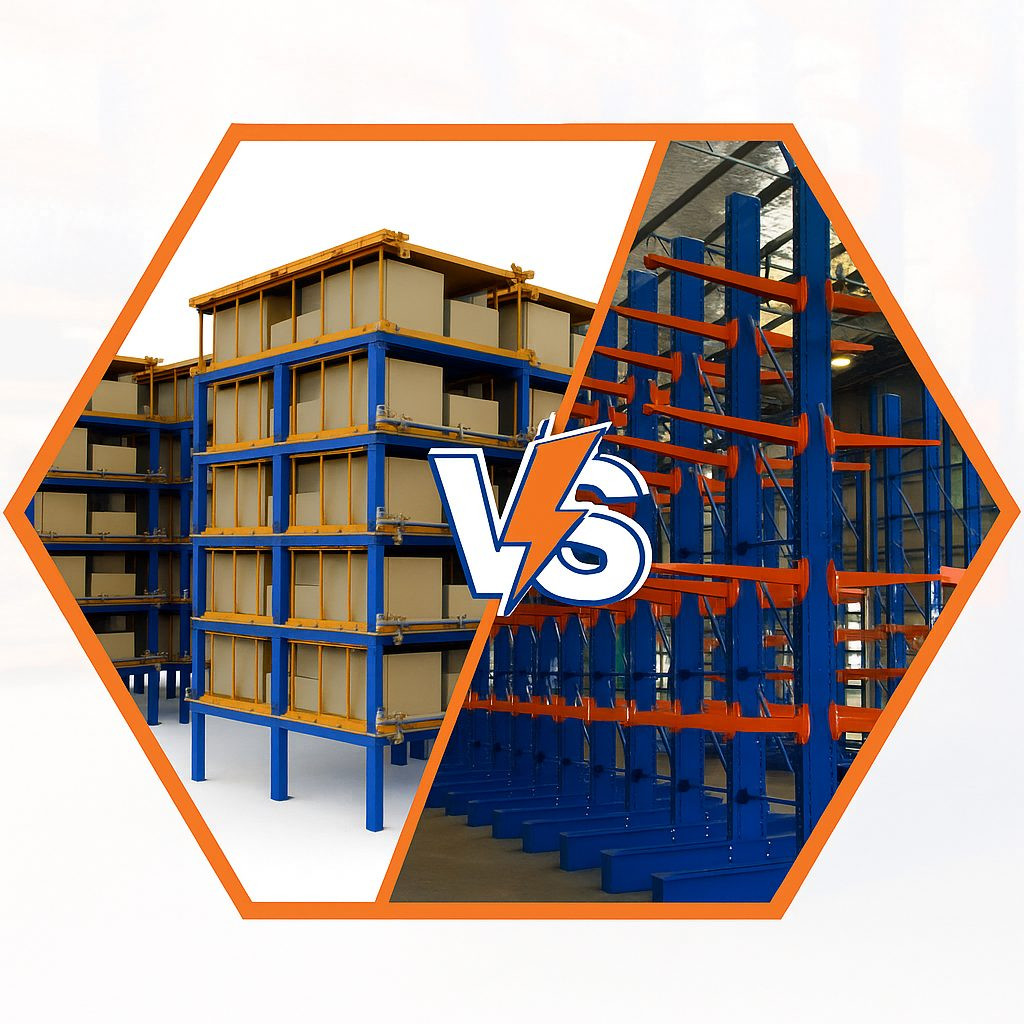 Cantilever racks holding lumber compared to pallet racks in a warehouse