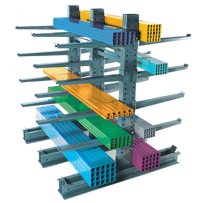 Cantilever racks showing uprights, arms, and brace sets for long materials