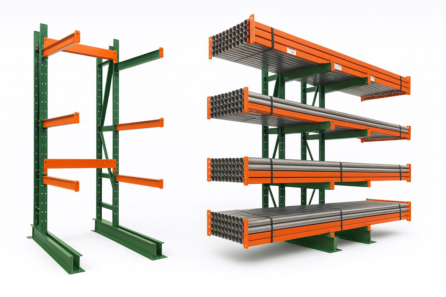 Cantilever racking showing upright columns and arms for long materials