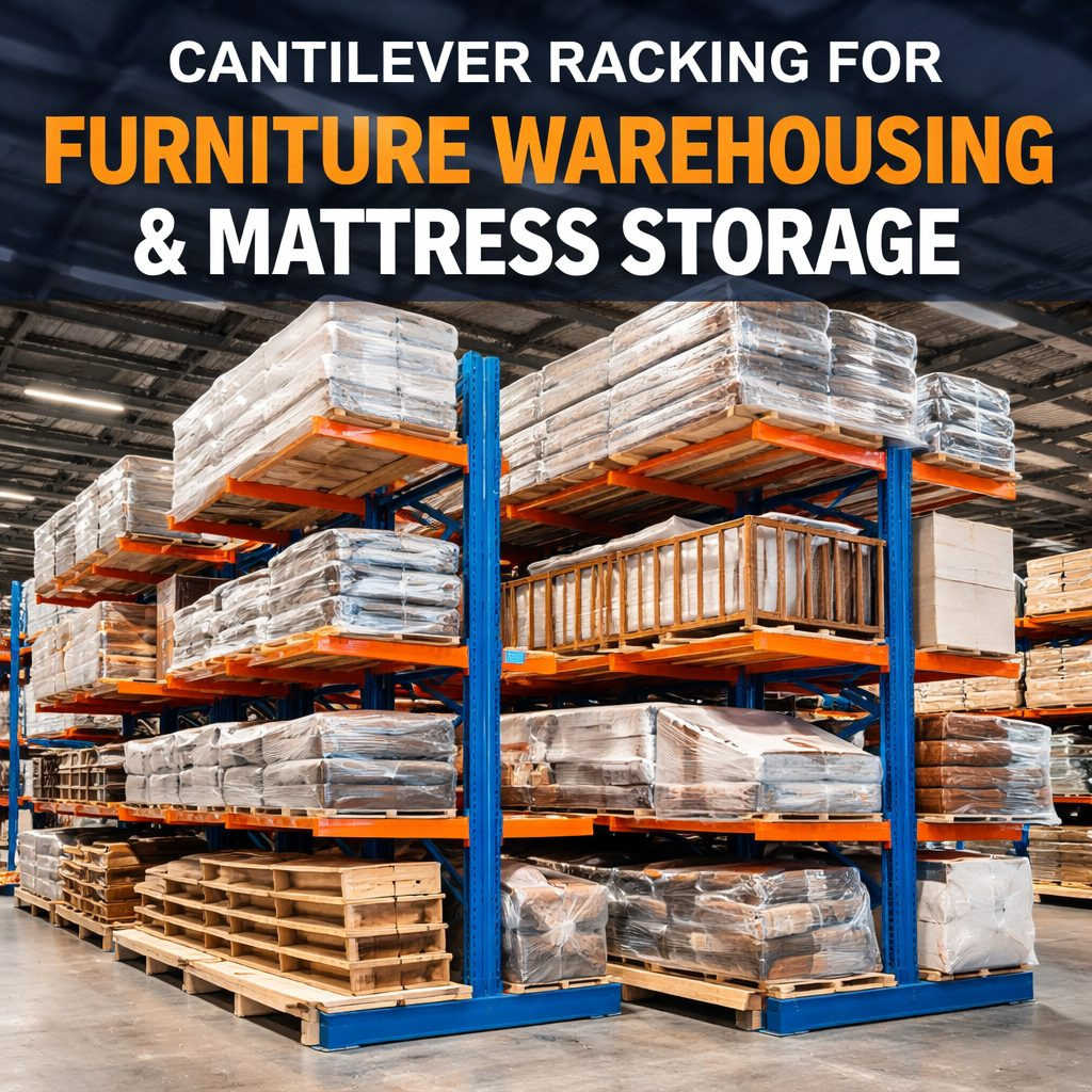Cantilever racking system used for furniture and mattress storage in a warehouse