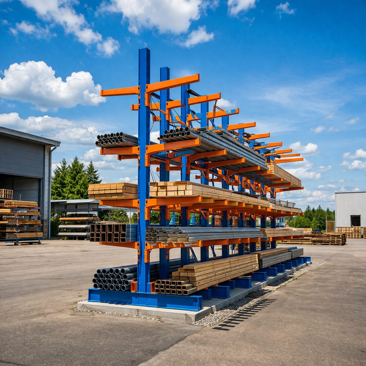 Outdoor cantilever rack system storing steel pipe and lumber bundles in an industrial yard
