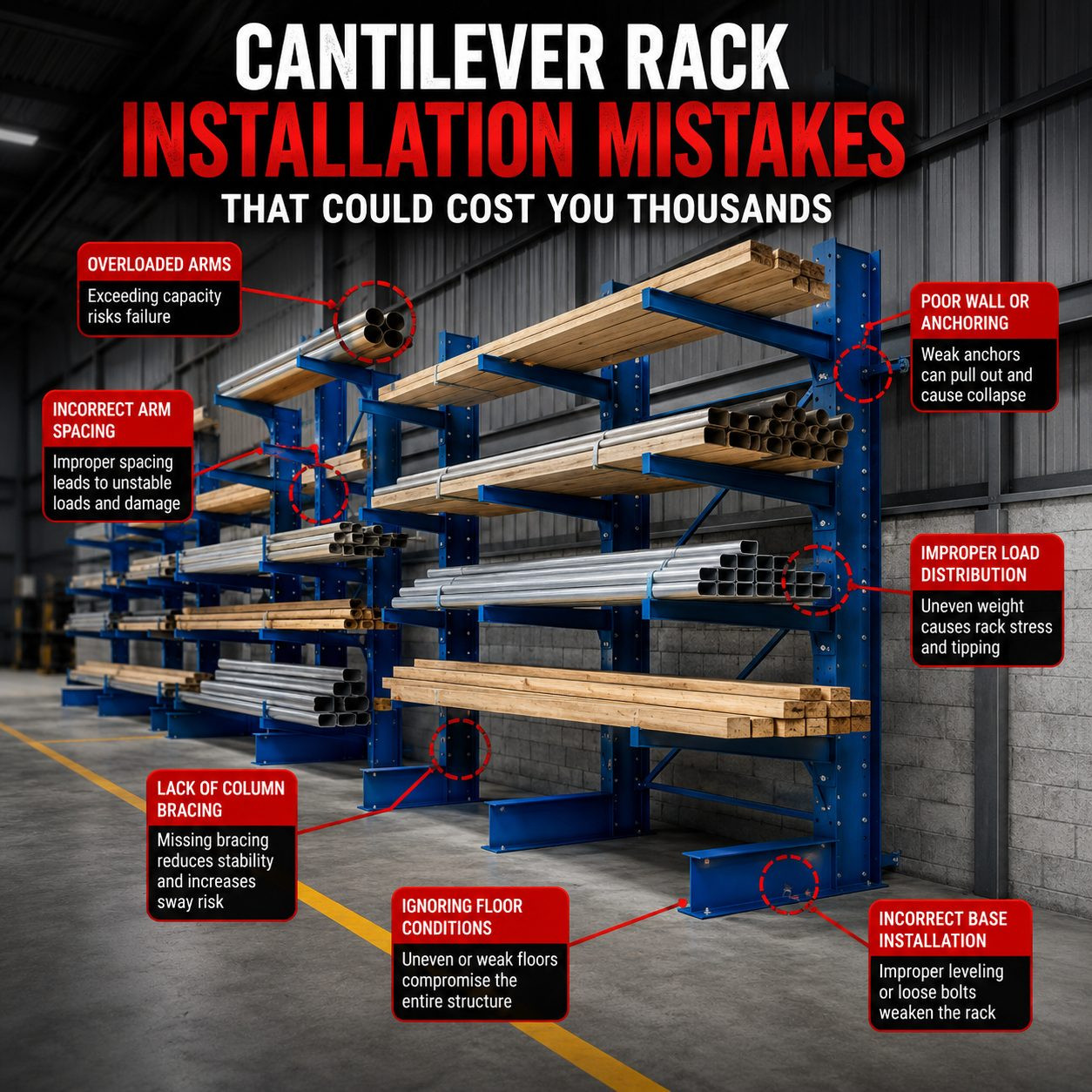 cantilever rack installation showing anchored columns and arm spacing in a warehouse storage system