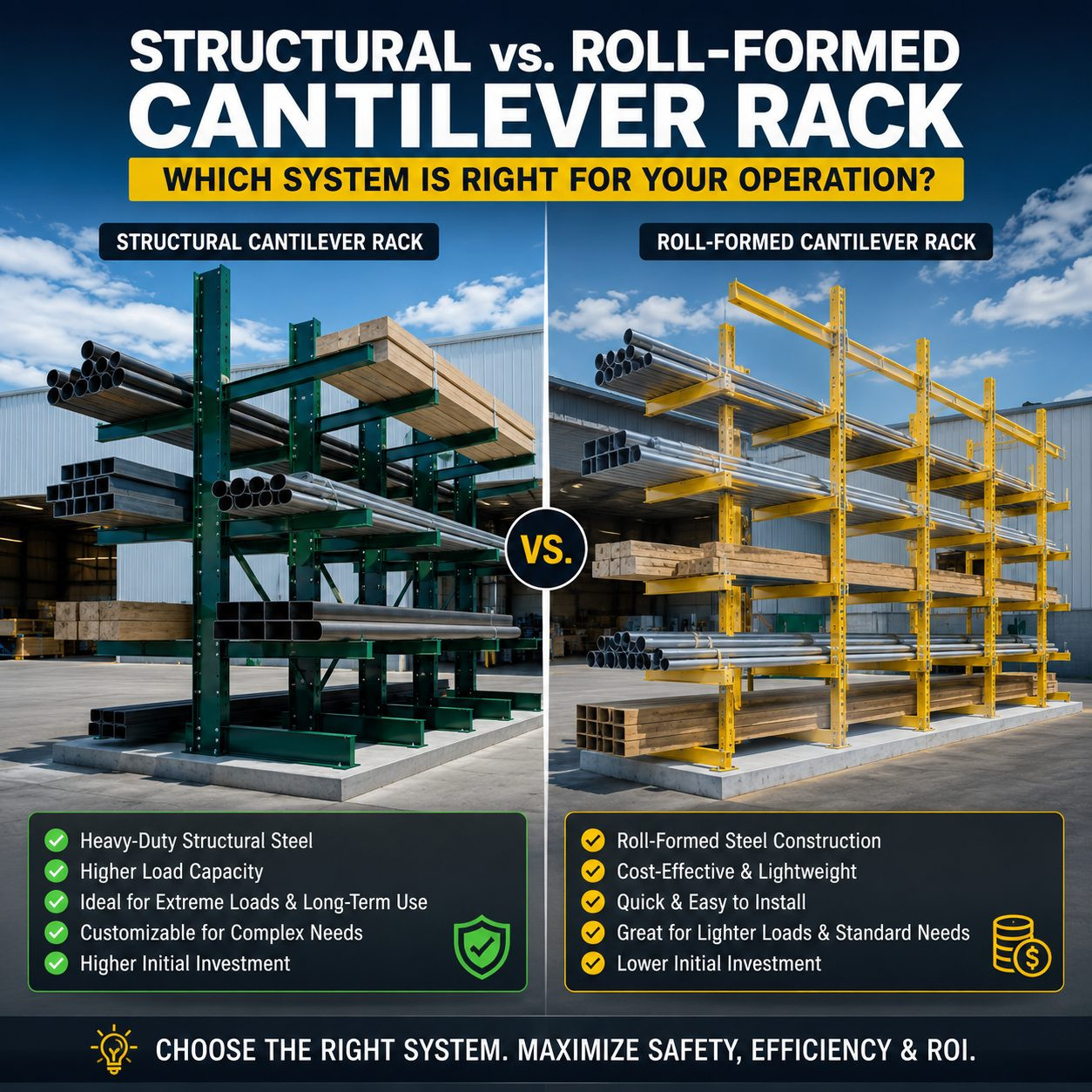 Structural and roll-formed cantilever rack systems compared for lumber, pipe, steel, and warehouse storage applications