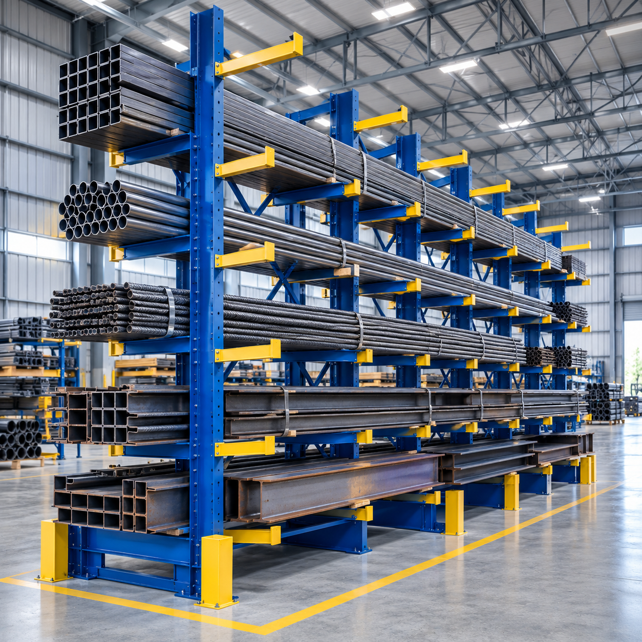 Heavy-duty structural cantilever rack storing steel bars, rods, and beams in a warehouse